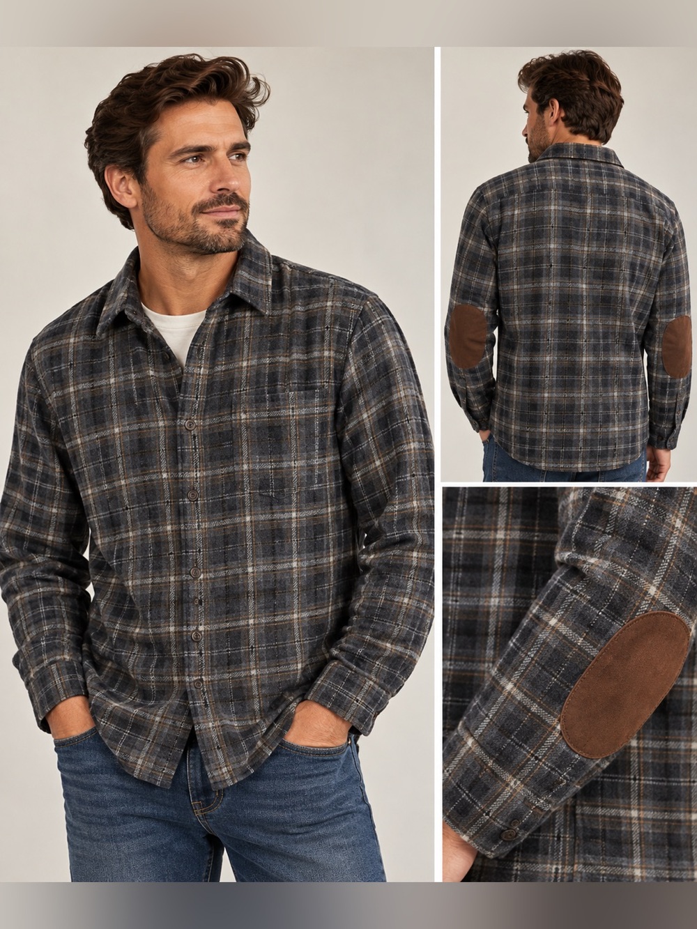 Outdoor Life Slim Fit Gray Bown Men's Elbow Patch Plaid Long Sleeves Top Size XL